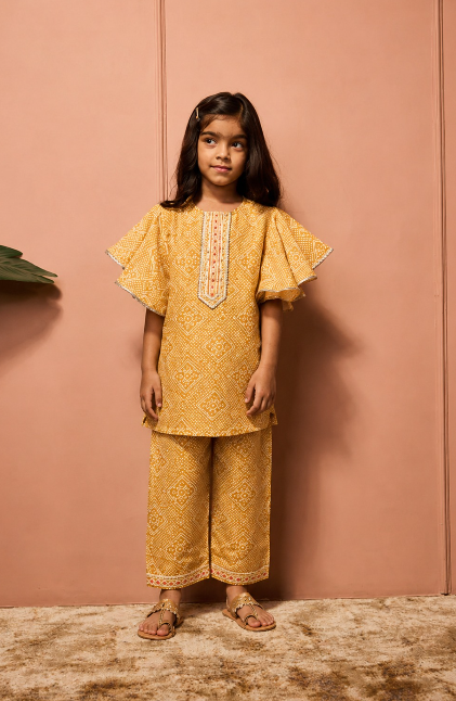 HALDI BANDHEJ FLUTTER SLEEVS CO-ORDSET.