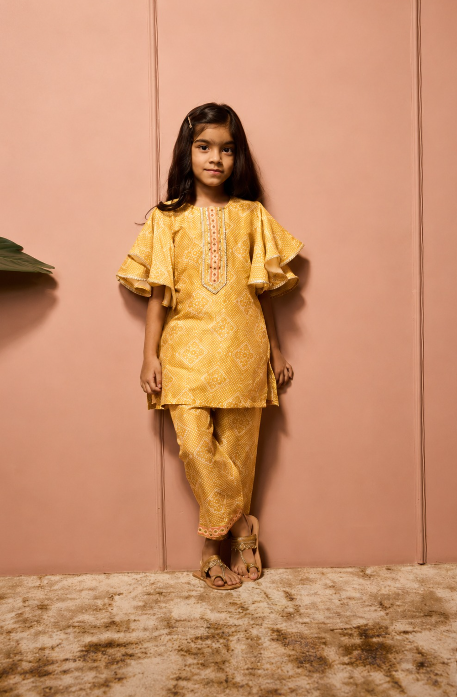 HALDI BANDHEJ FLUTTER SLEEVS CO-ORDSET.