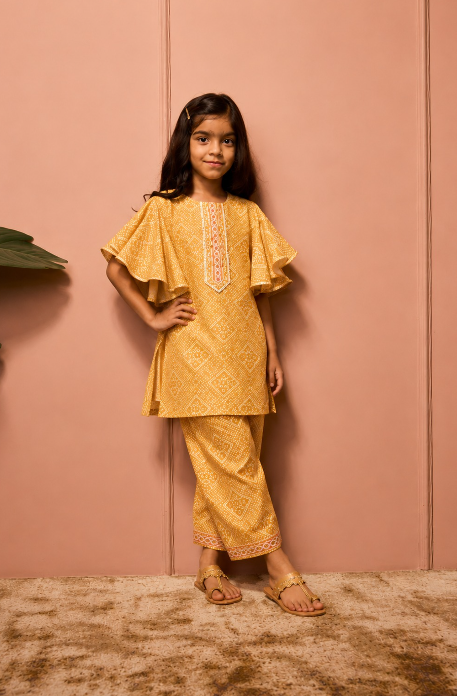 HALDI BANDHEJ FLUTTER SLEEVS CO-ORDSET.