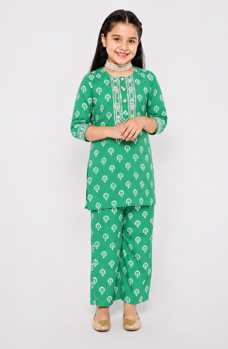 Green barfi kurti co-ordset.