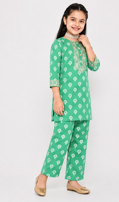 Green barfi kurti co-ordset.