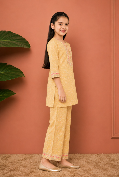 Haldi bandhej kurti co-ordset.