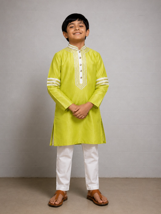 LIME GOTA KURTASET WITH WHITE DETAILING
