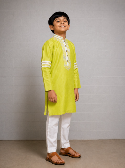 LIME GOTA KURTASET WITH WHITE DETAILING