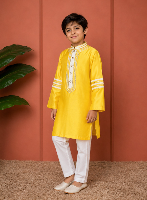 YELLOW GOTA KURTASET WITH WHITE DETAILING