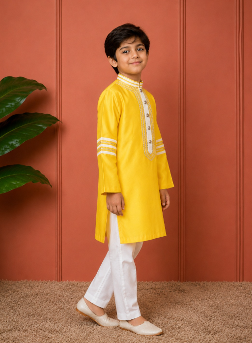 YELLOW GOTA KURTASET WITH WHITE DETAILING