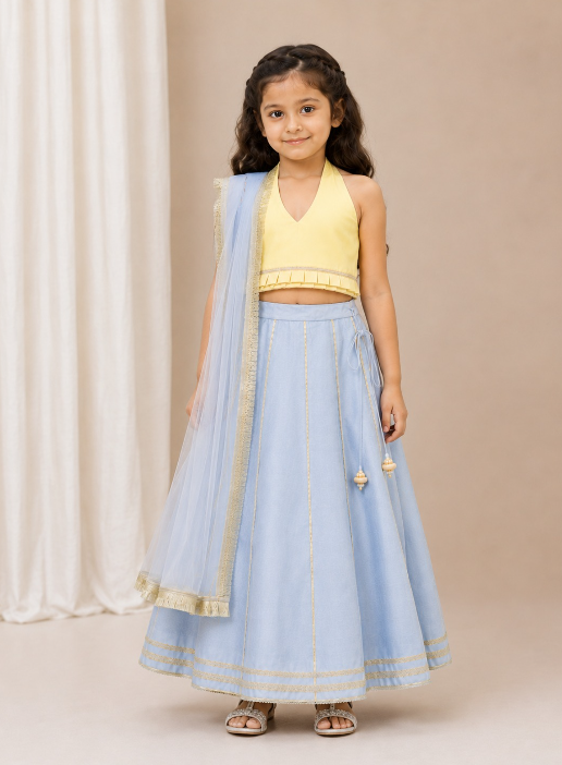 ICE BLUE AND YELLOW GOTA LEHENGASET