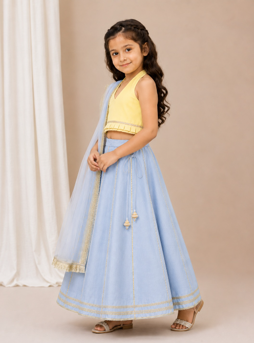 ICE BLUE AND YELLOW GOTA LEHENGASET