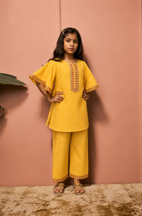 HALDI BANDHEJ FLUTTER SLEEVS CO-ORDSET.