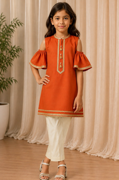 BURNT ORANGE COLD SHOULDER KURTASET.