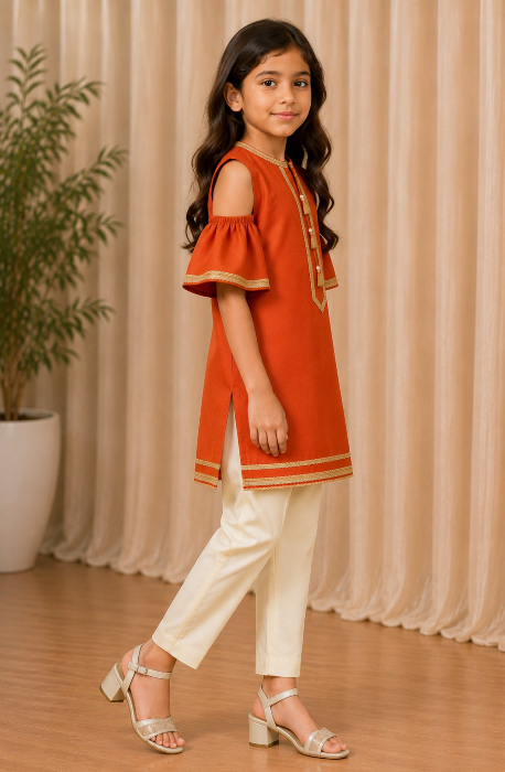 BURNT ORANGE COLD SHOULDER KURTASET.