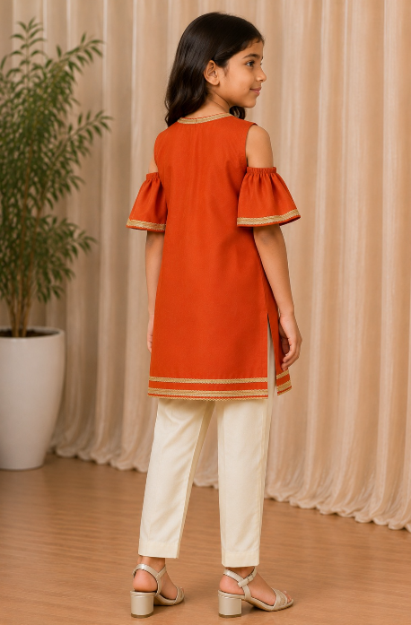 BURNT ORANGE COLD SHOULDER KURTASET.