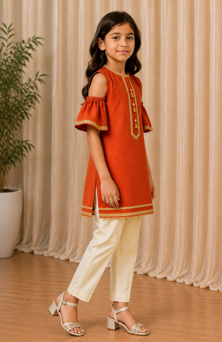 BURNT ORANGE COLD SHOULDER KURTASET.