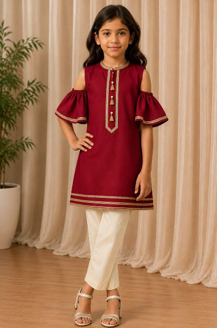 MAROON COLD SHOULDER KURTASET.