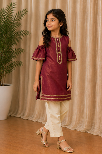 MAROON COLD SHOULDER KURTASET.