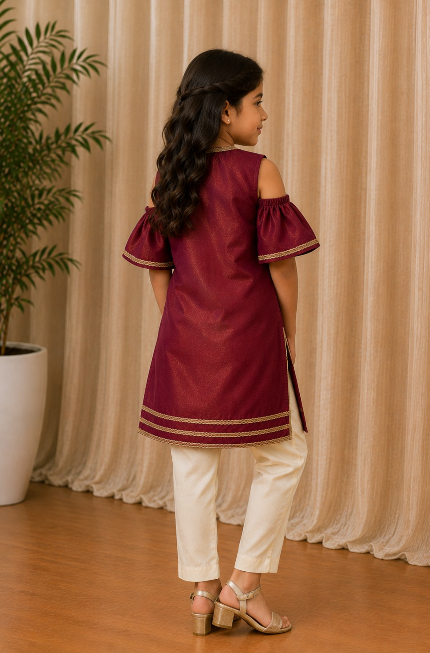 MAROON COLD SHOULDER KURTASET.