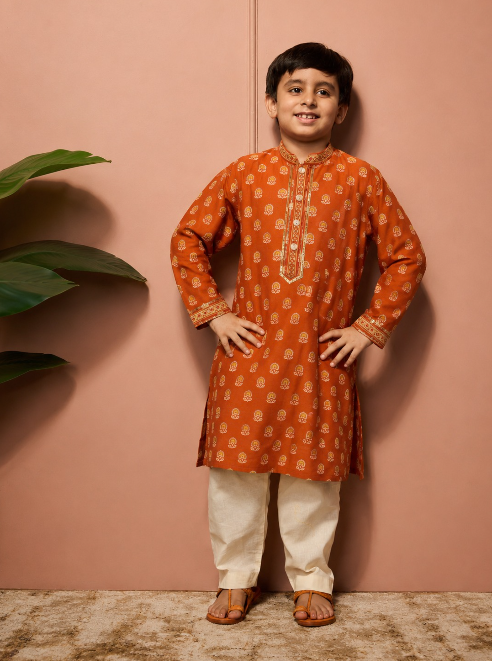 BURNT ORANGE BUTTIEE KURTASET.