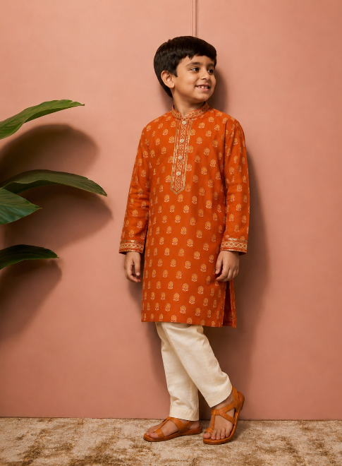 BURNT ORANGE BUTTIEE KURTASET.