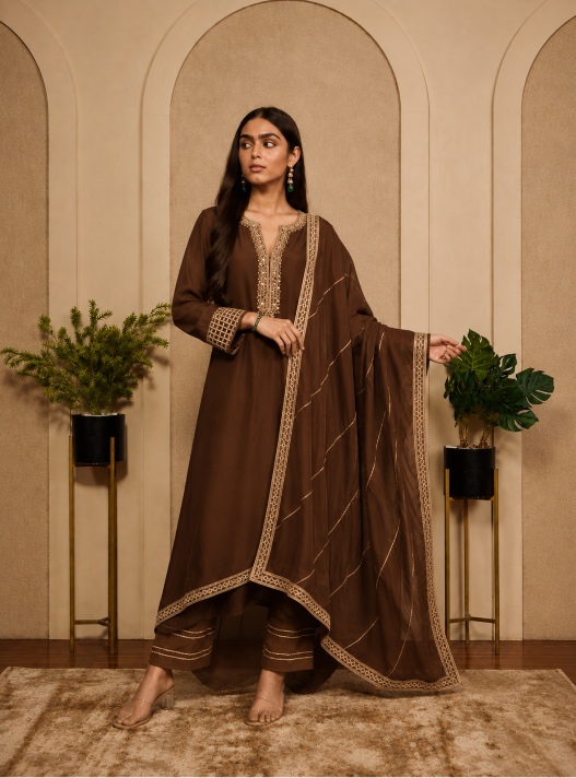 CHOCOLATE BROWN MONOTONE KURTASET.