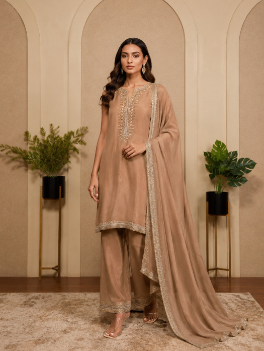 COPPER TISSUE EMBROIDERED KURTASET