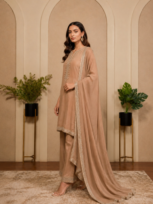 COPPER TISSUE EMBROIDERED KURTASET