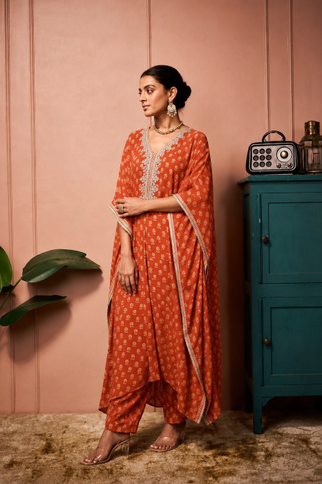BURNT ORANGE FRONT SLIT KAFTANSET