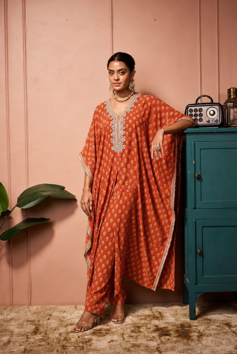 BURNT ORANGE FRONT SLIT KAFTANSET