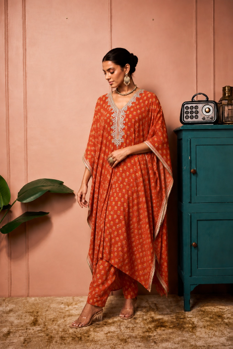 BURNT ORANGE FRONT SLIT KAFTANSET