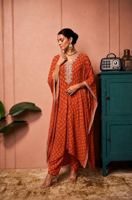 BURNT ORANGE FRONT SLIT KAFTANSET