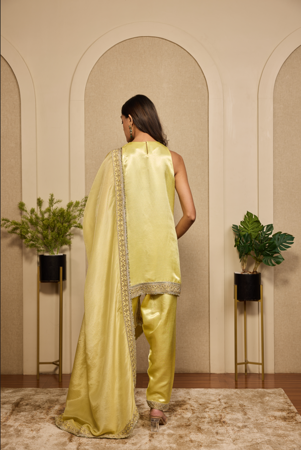 LIME TISSUE EMBROIDERED SLEEVLESS KURTASET WITH DUPATTA.
