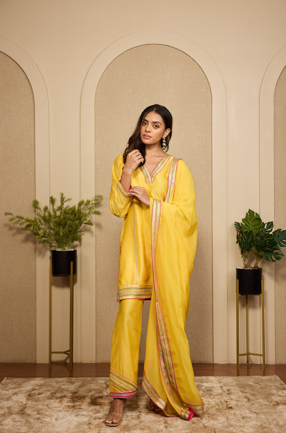YELLOW MULTICOLOUR ANGO KURTASET.