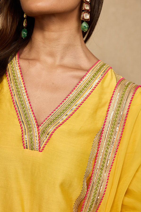 YELLOW MULTICOLOUR ANGO KURTASET.