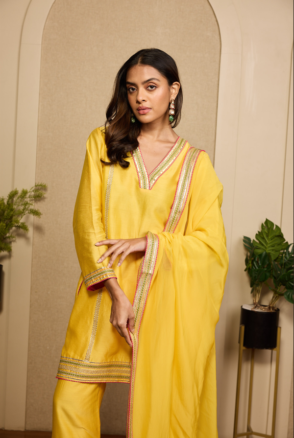 YELLOW MULTICOLOUR ANGO KURTASET.