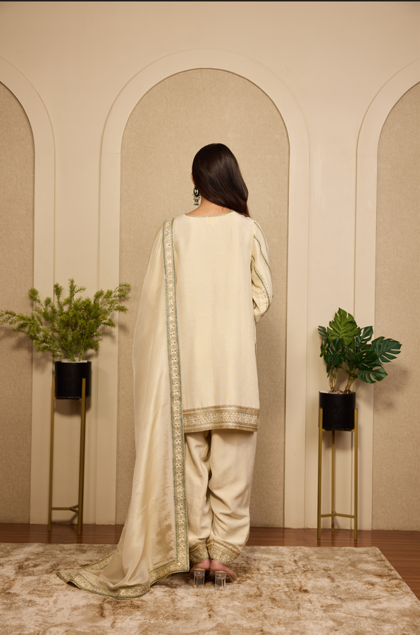 GOLD EMBROIDERED KURTASET WITH EMBROIDERED DUPATTA.