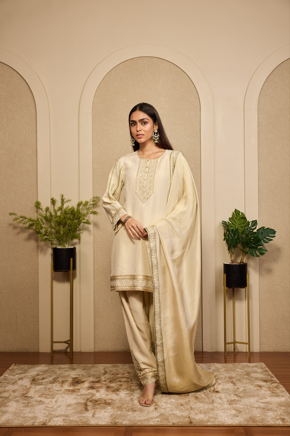 GOLD EMBROIDERED KURTASET WITH EMBROIDERED DUPATTA.