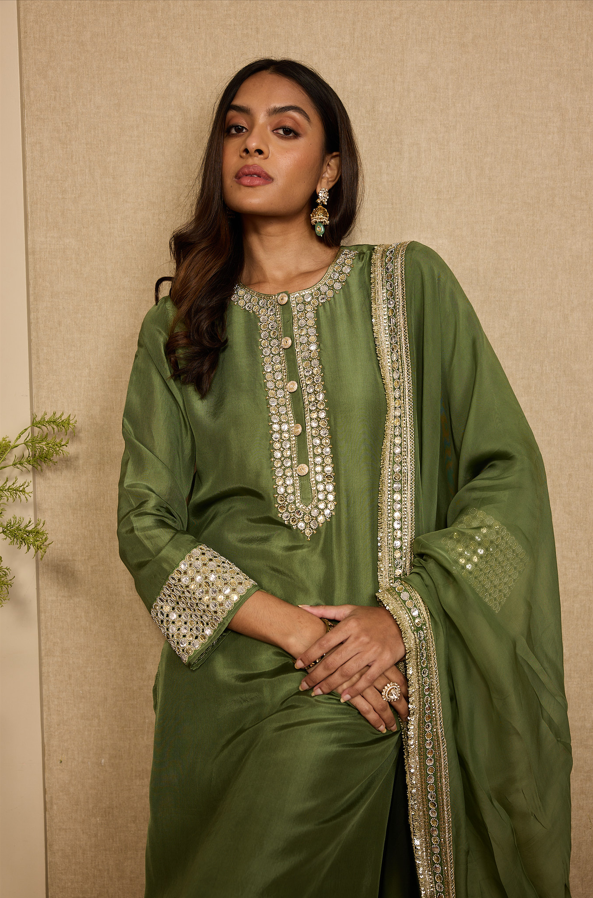 GREEN EMBROIDERED KURTASET WITH DUPATTA