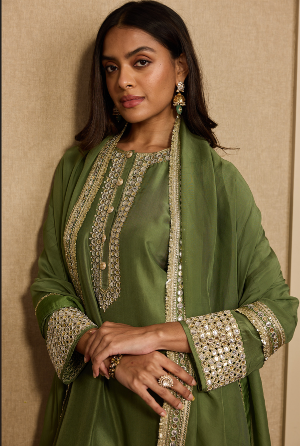 GREEN EMBROIDERED KURTASET WITH DUPATTA