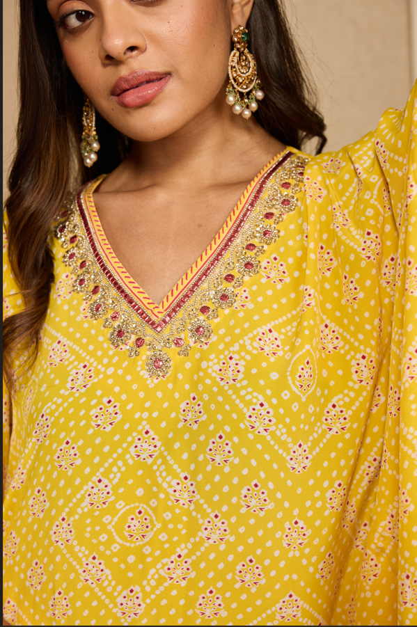 HALDI BANDHEJ KAFTAN CO-ORDSET.
