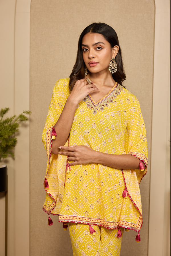 HALDI BANDHEJ KAFTAN CO-ORDSET.