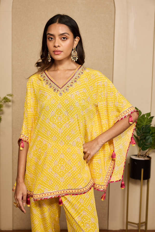 HALDI BANDHEJ KAFTAN CO-ORDSET.