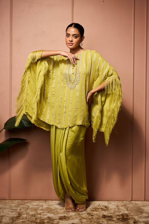 MEHENDI GOTA STRIPE FRINGE KAFTANSET.