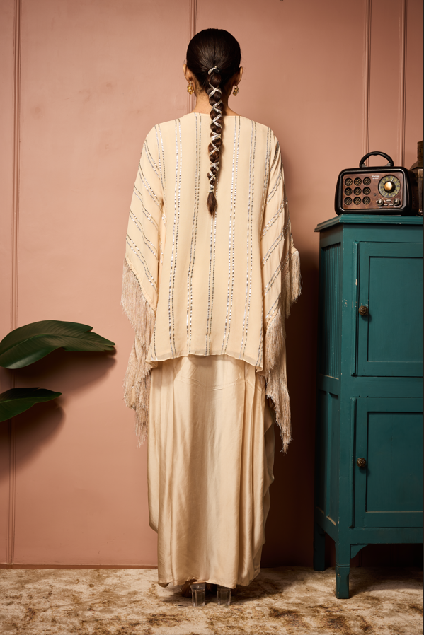 BEIGE GOTA STRIPE FRINGE KAFTANSET.