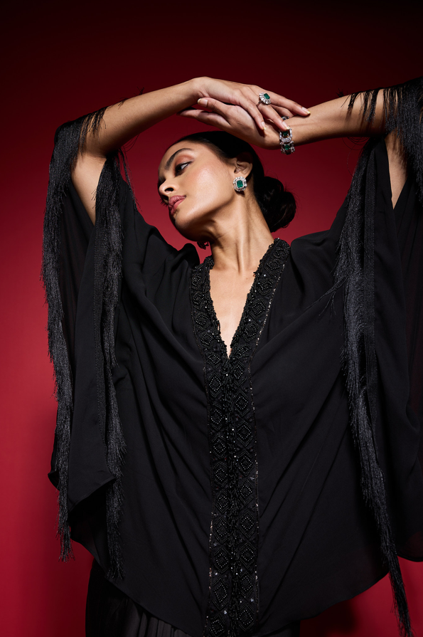 BLACK FRINGE EMBROIDERED KAFATNSET.