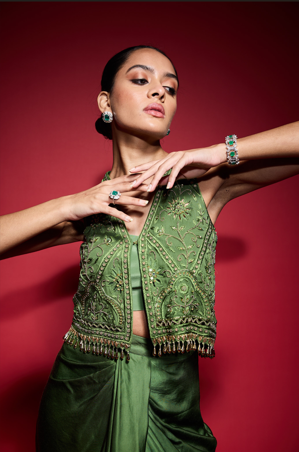 MEHENDI GREEN  EMBROIDERED CUTOWRK VEST.