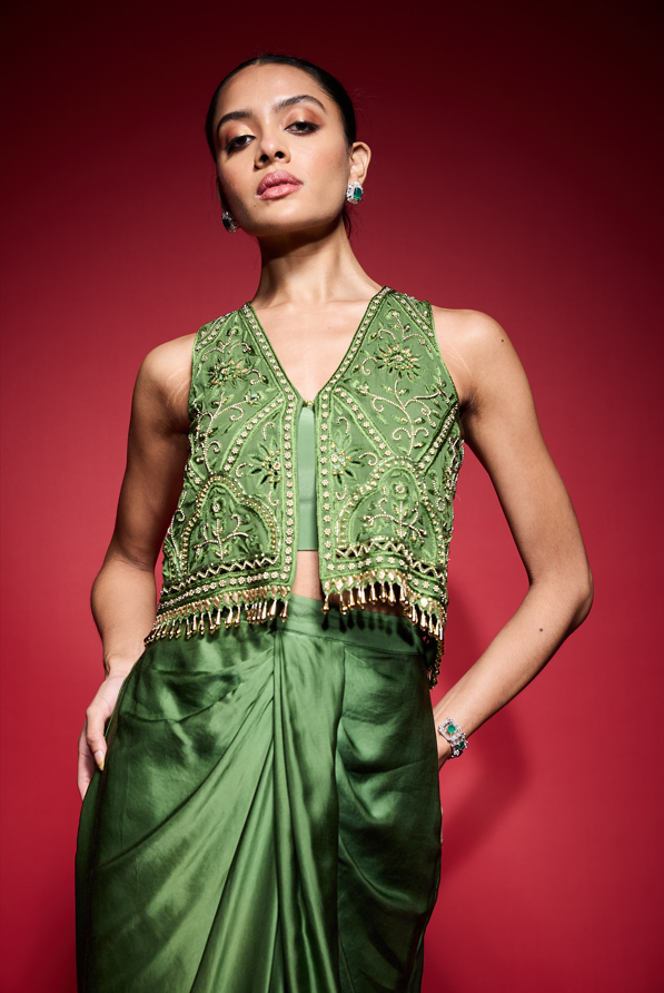 MEHENDI GREEN EMBROIDERED CUTOWRK VESTSET