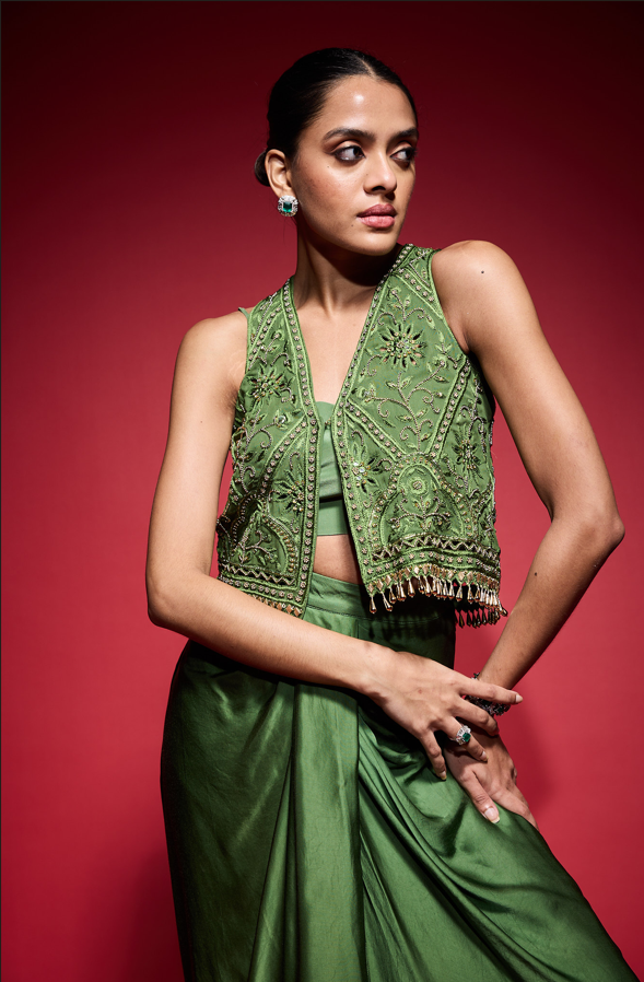 MEHENDI GREEN  EMBROIDERED CUTOWRK VEST.