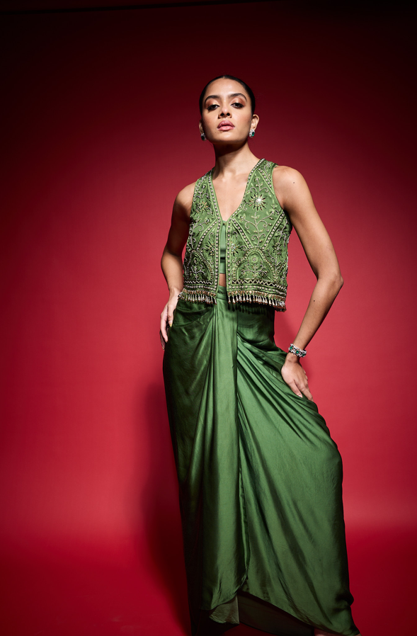 MEHENDI GREEN EMBROIDERED CUTOWRK VESTSET