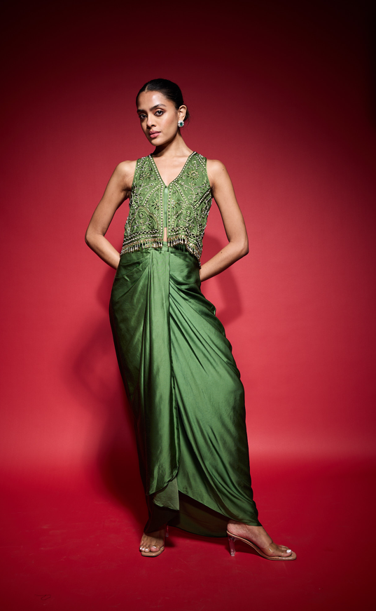 MEHENDI GREEN EMBROIDERED CUTOWRK VESTSET