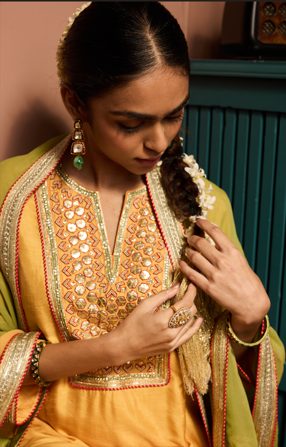 YELLOW A LINE EMBROIDERED KURTASET WITH CONCEPT DUPATTA.