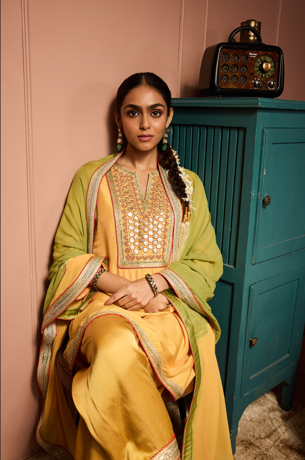 YELLOW A LINE EMBROIDERED KURTASET WITH CONCEPT DUPATTA.
